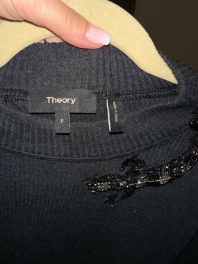 Theory  wool Black Ribbed Top with Beaded Accent size  XS